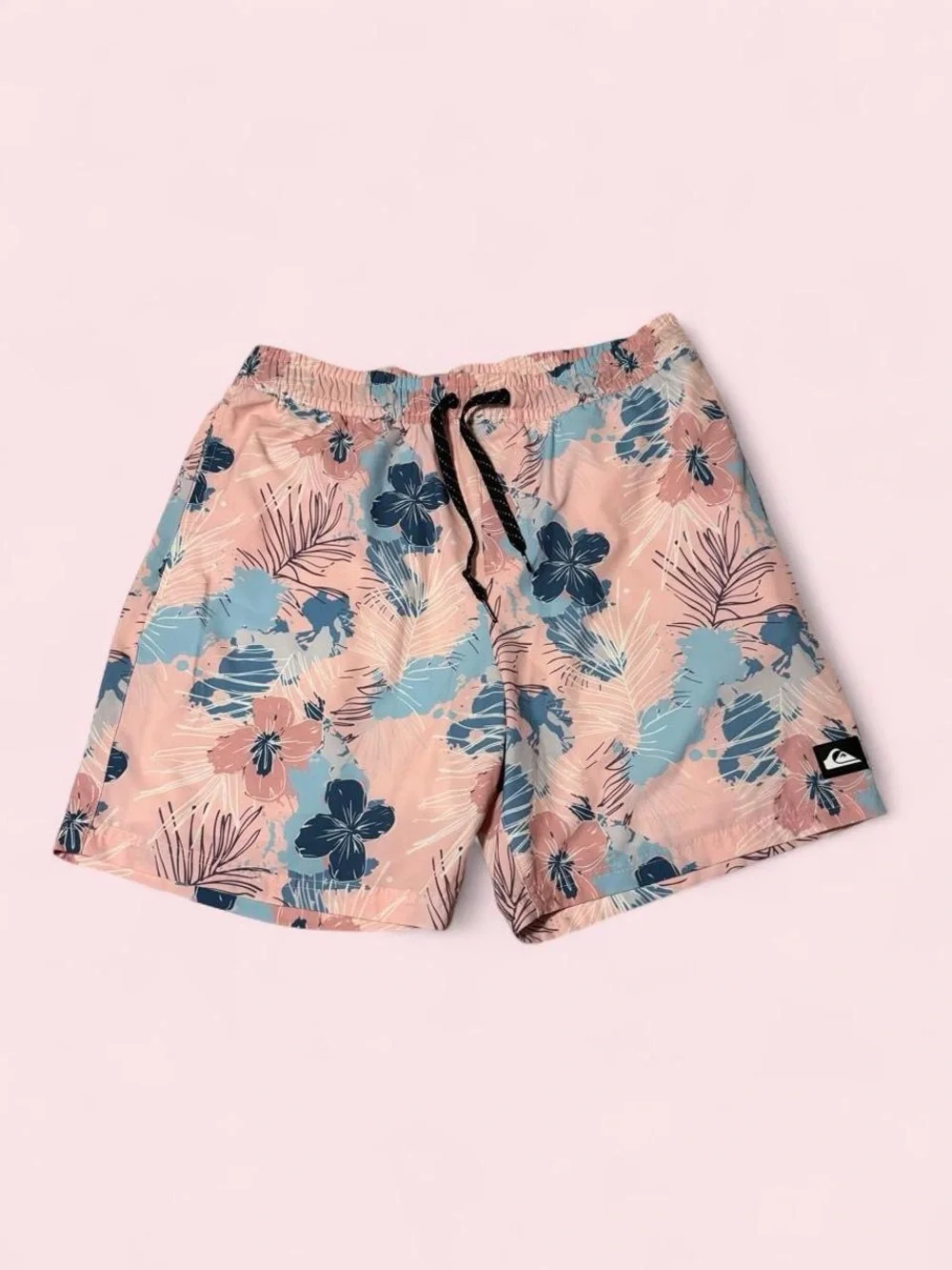Quiksilver Men's Pink Floral Swim Hybrids with Blue Accents